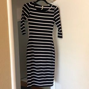 Navy and white stripped midi dress, fitted
